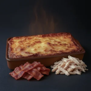 Lasaña de pollo al carbón y bacon