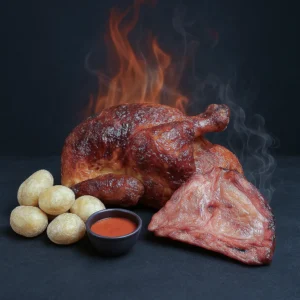menu pollo asado al carbon con salsa mojopicon peruanol